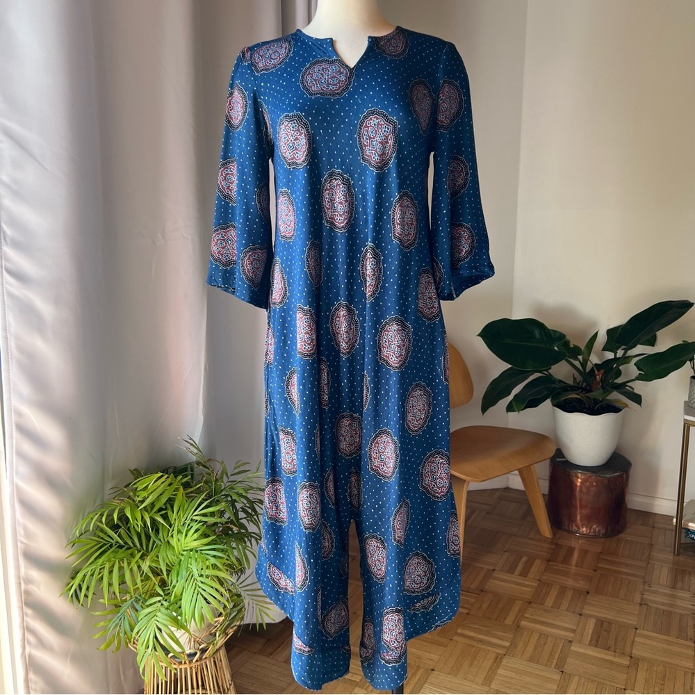 Vintage Cotton Natural Dye Relaxed Drop Crotch Block Print Jump Suit